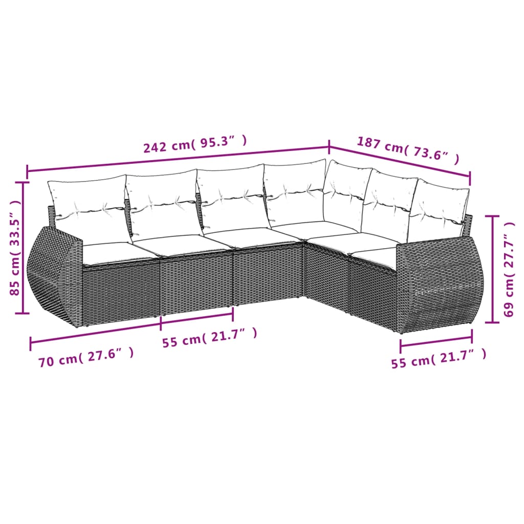 vidaXL 6-delige Loungeset met kussens poly rattan bruin