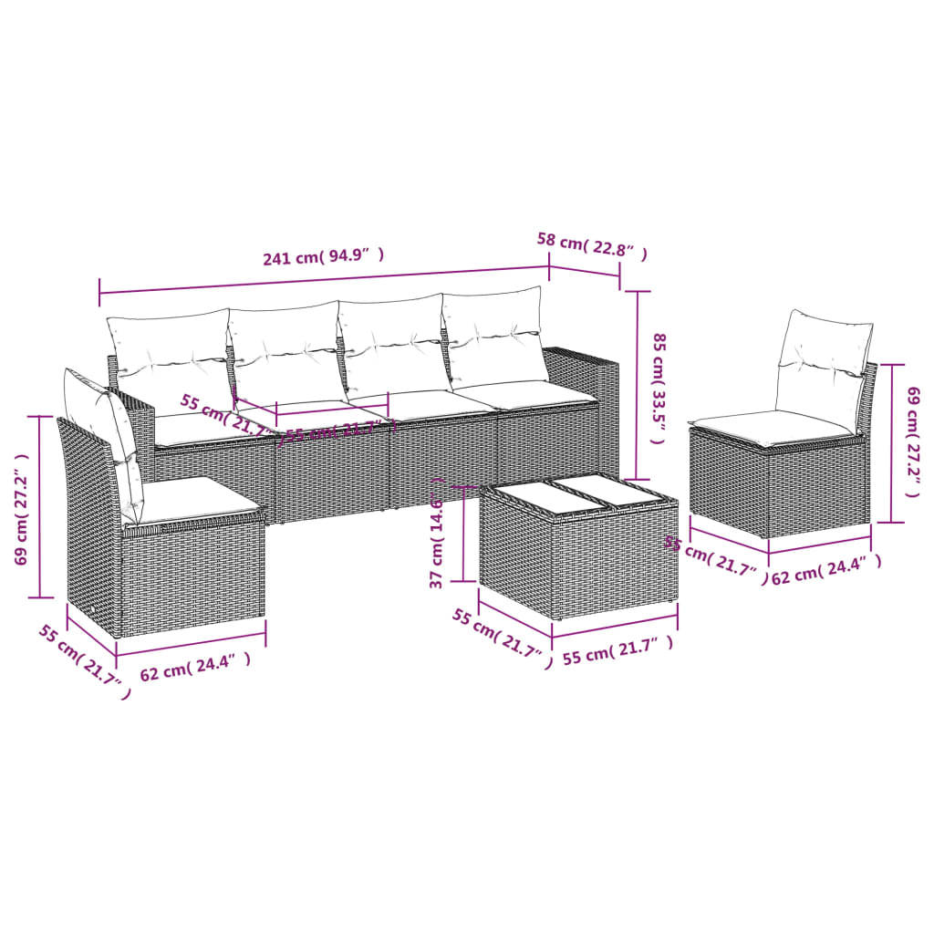 vidaXL 7-delige Loungeset met kussens poly rattan bruin