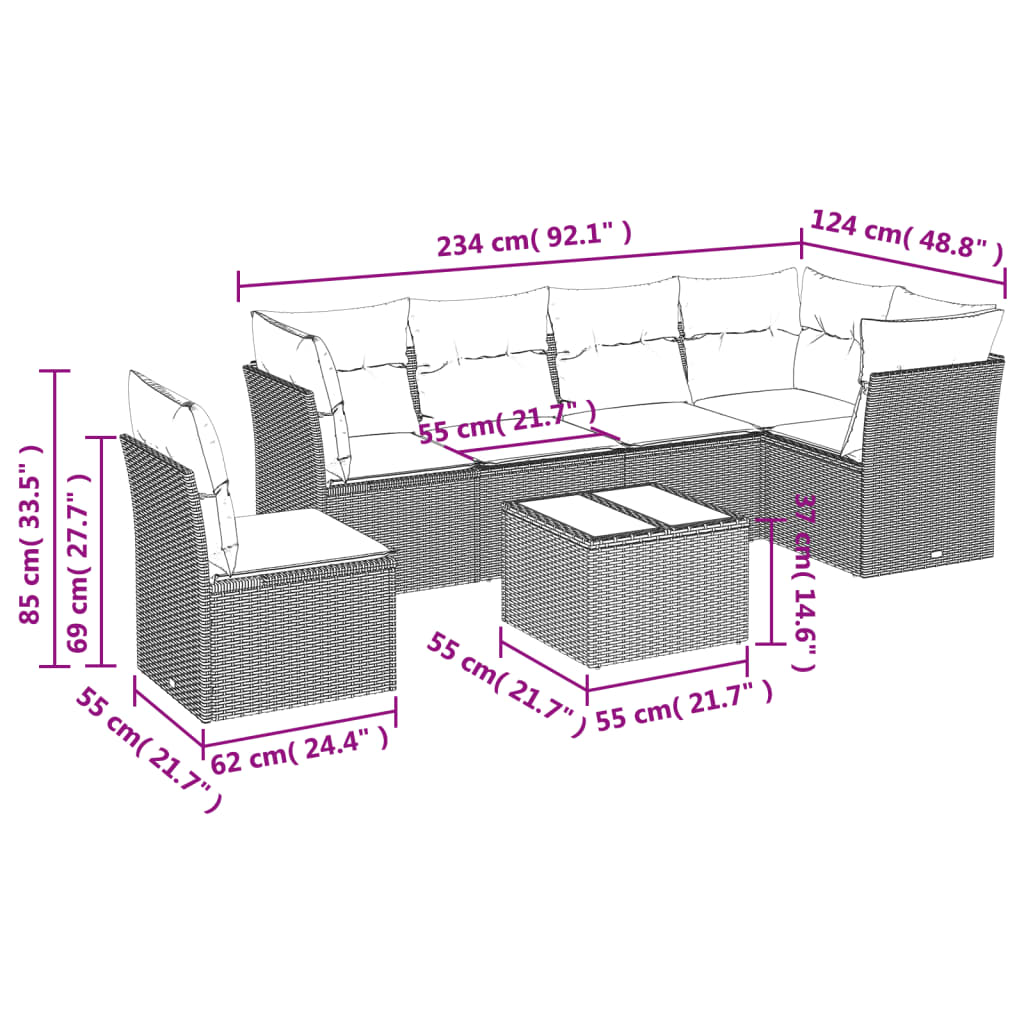 vidaXL 7-delige Loungeset met kussens poly rattan bruin