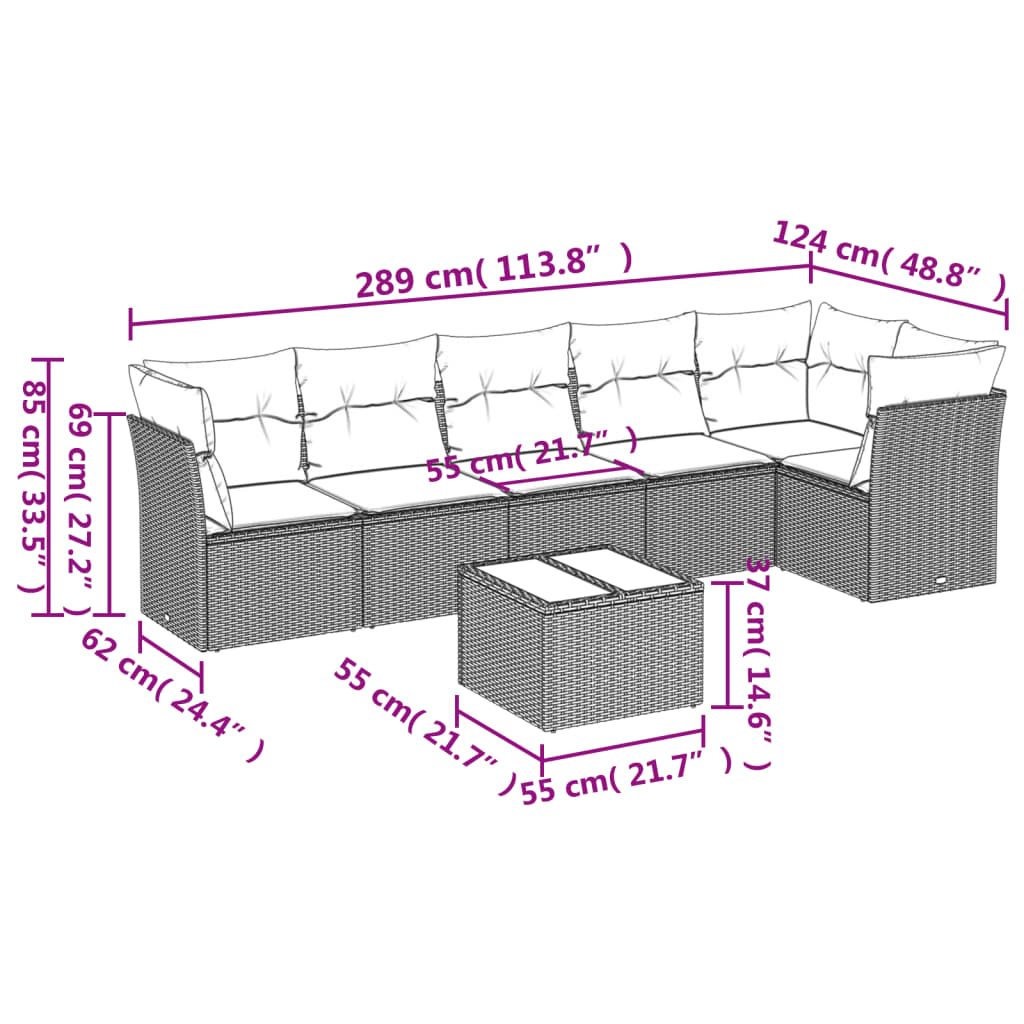 vidaXL 7-delige Loungeset met kussens poly rattan bruin