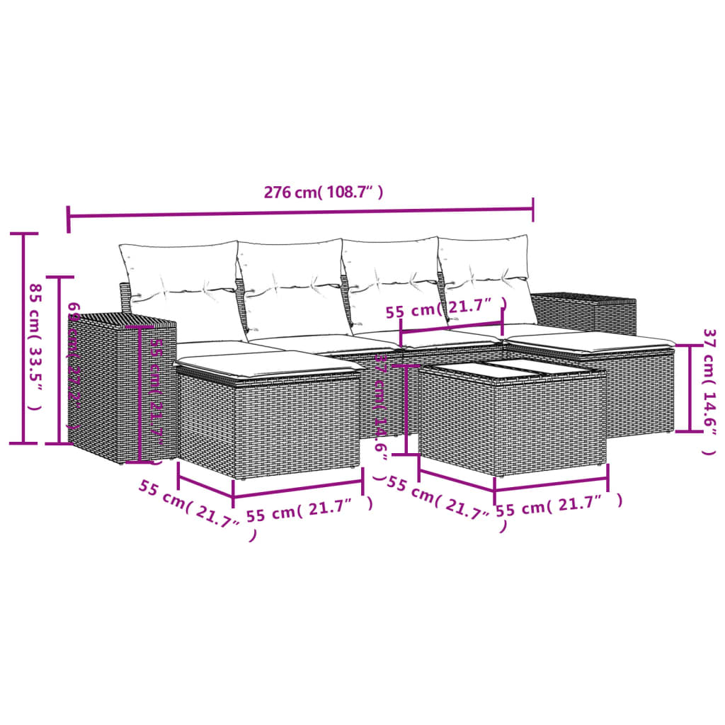 vidaXL 7-delige Loungeset met kussens poly rattan bruin