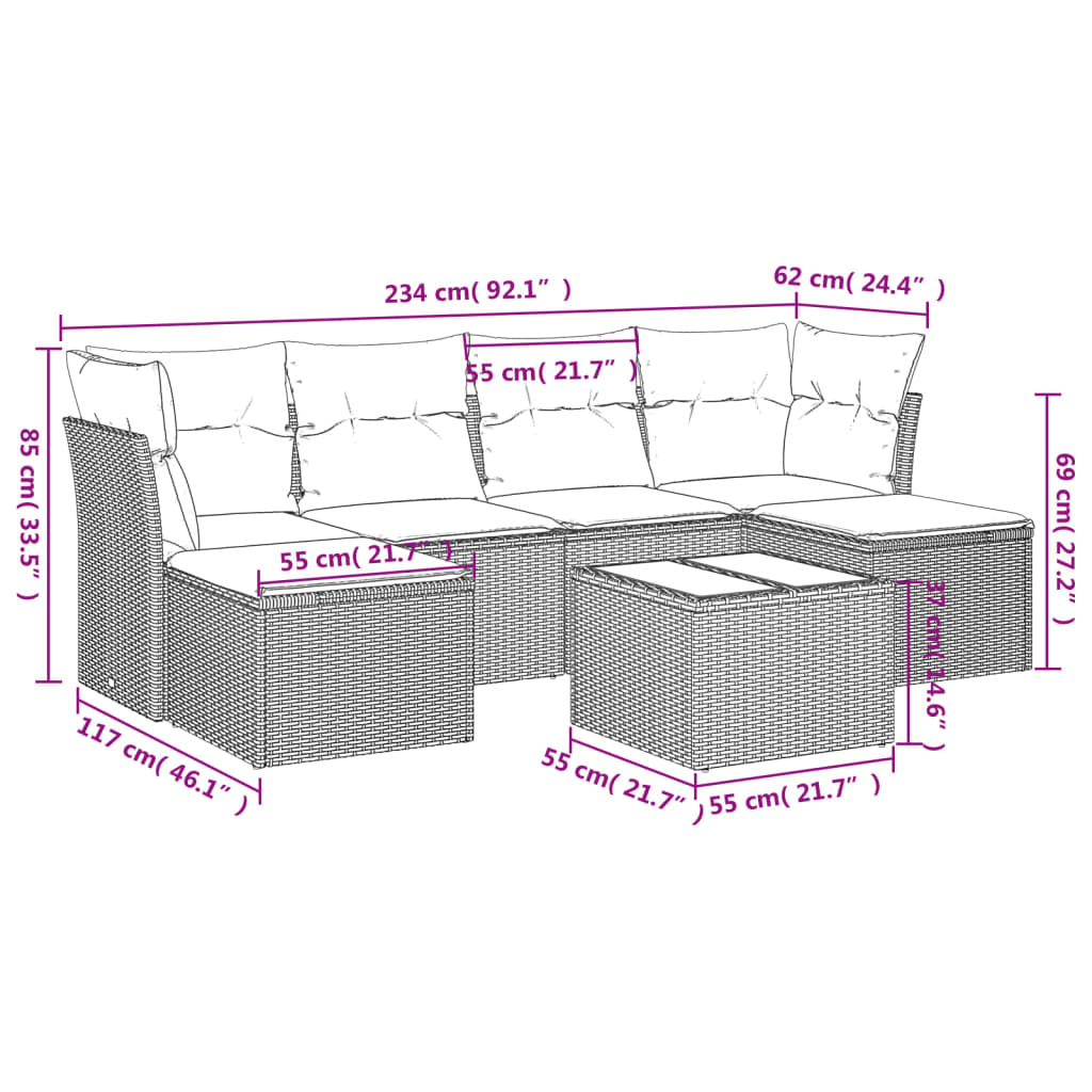 vidaXL 7-delige Loungeset met kussens poly rattan bruin