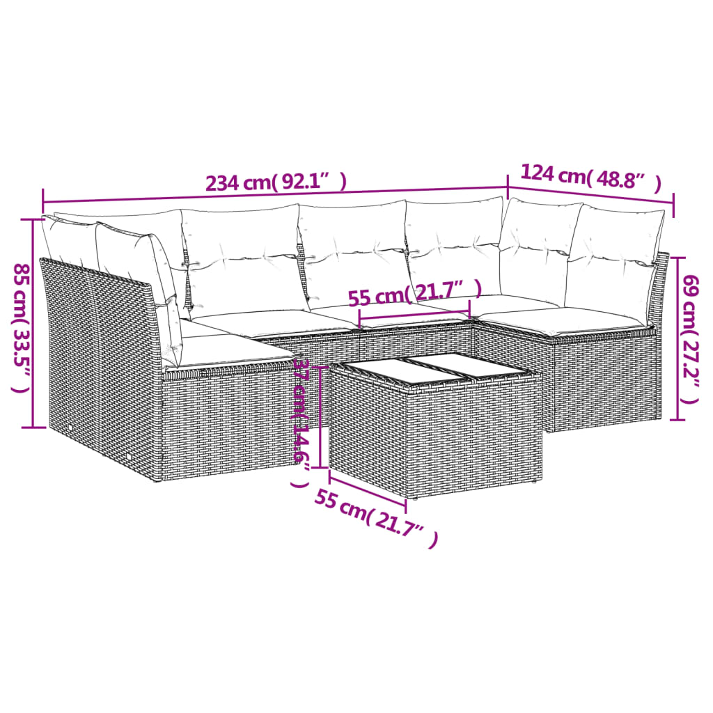 vidaXL 7-delige Loungeset met kussens poly rattan bruin