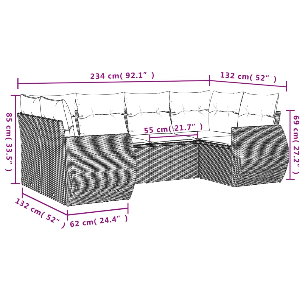 vidaXL 6-delige Loungeset met kussens poly rattan bruin