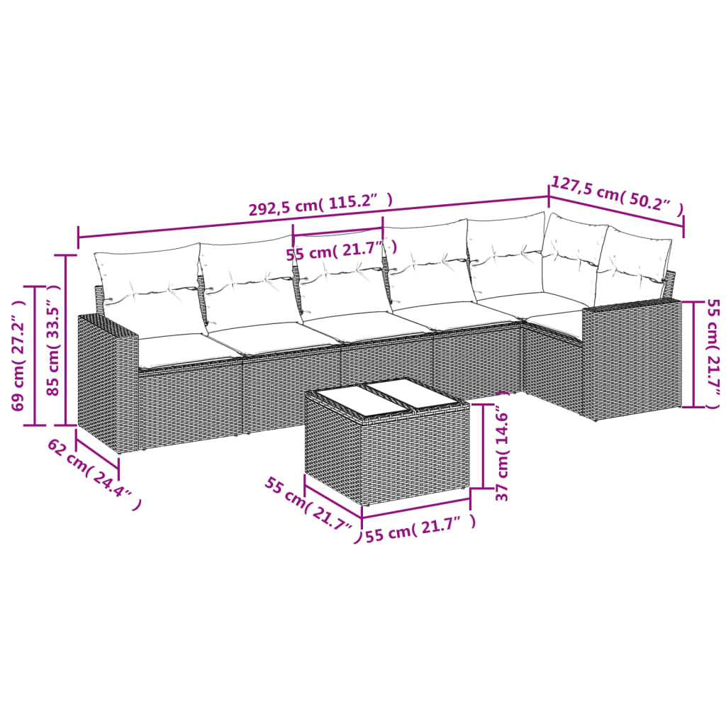 vidaXL 7-delige Loungeset met kussens poly rattan bruin