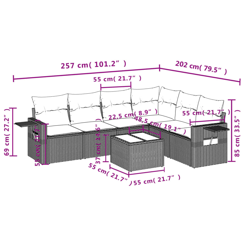 vidaXL 7-delige Loungeset met kussens poly rattan bruin