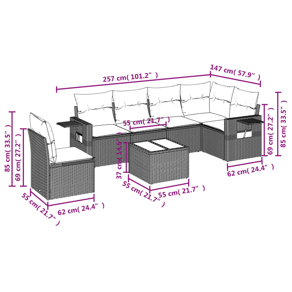 vidaXL 7-delige Loungeset met kussens poly rattan bruin