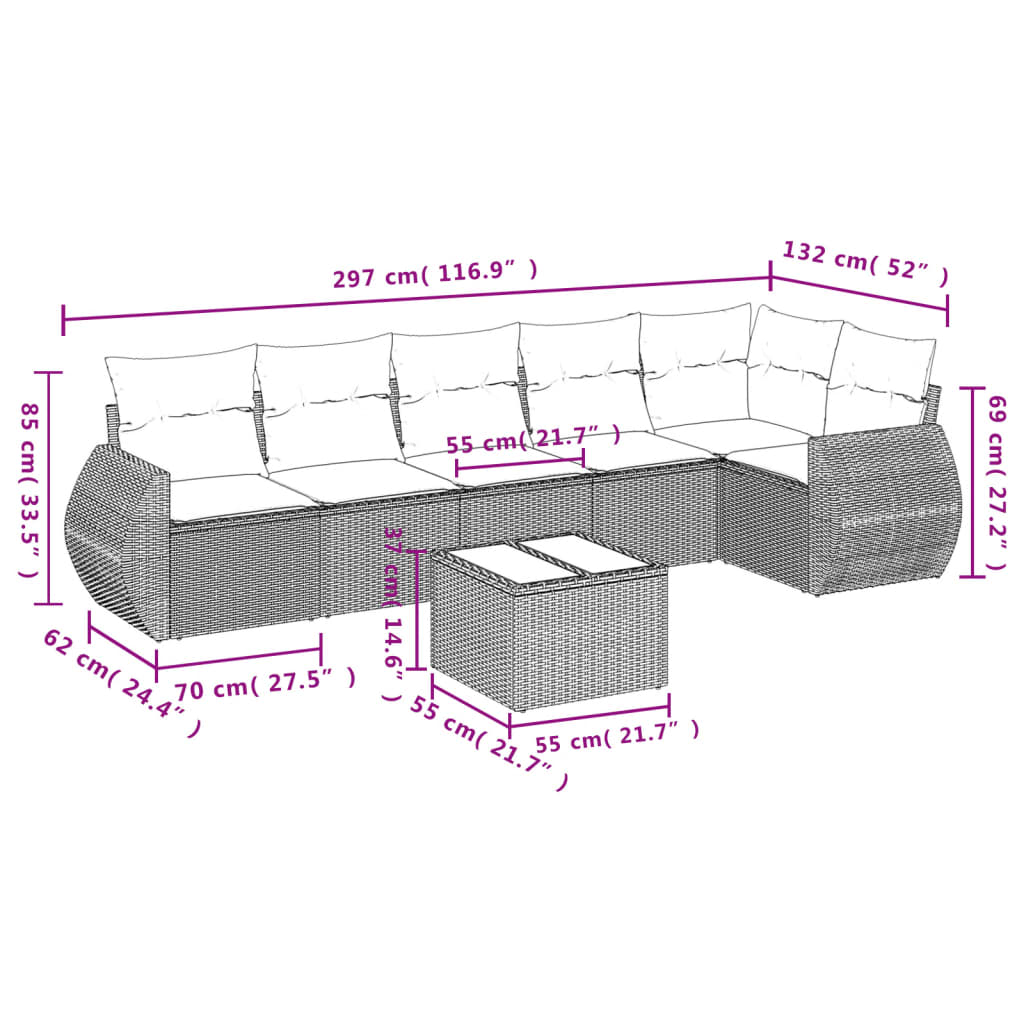 vidaXL 7-delige Loungeset met kussens poly rattan bruin