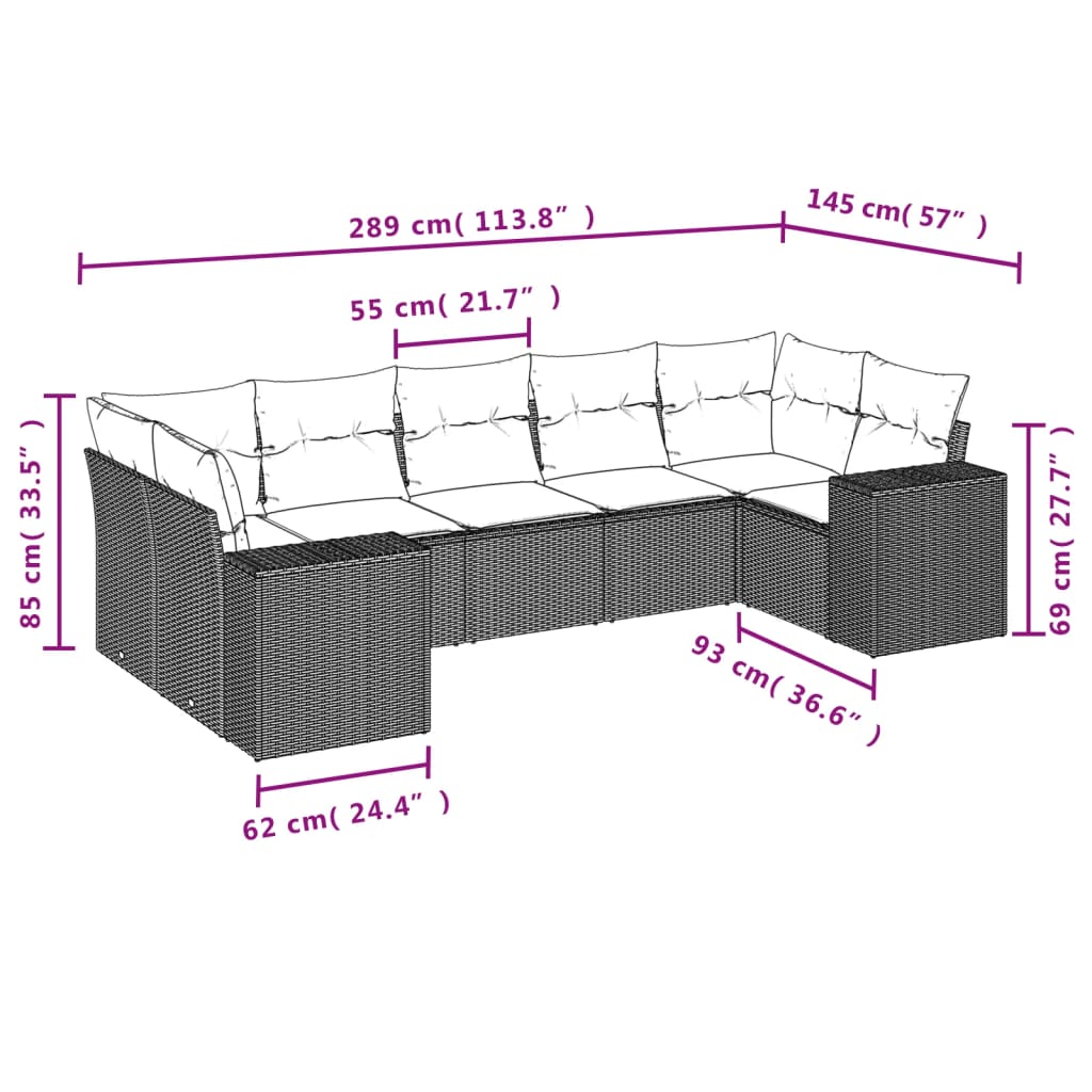 vidaXL 7-delige Loungeset met kussens poly rattan bruin