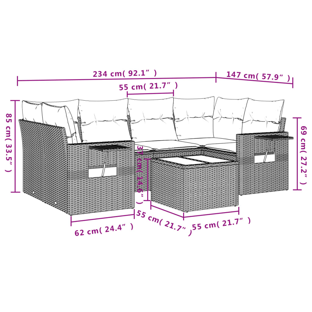 vidaXL 7-delige Loungeset met kussens poly rattan bruin