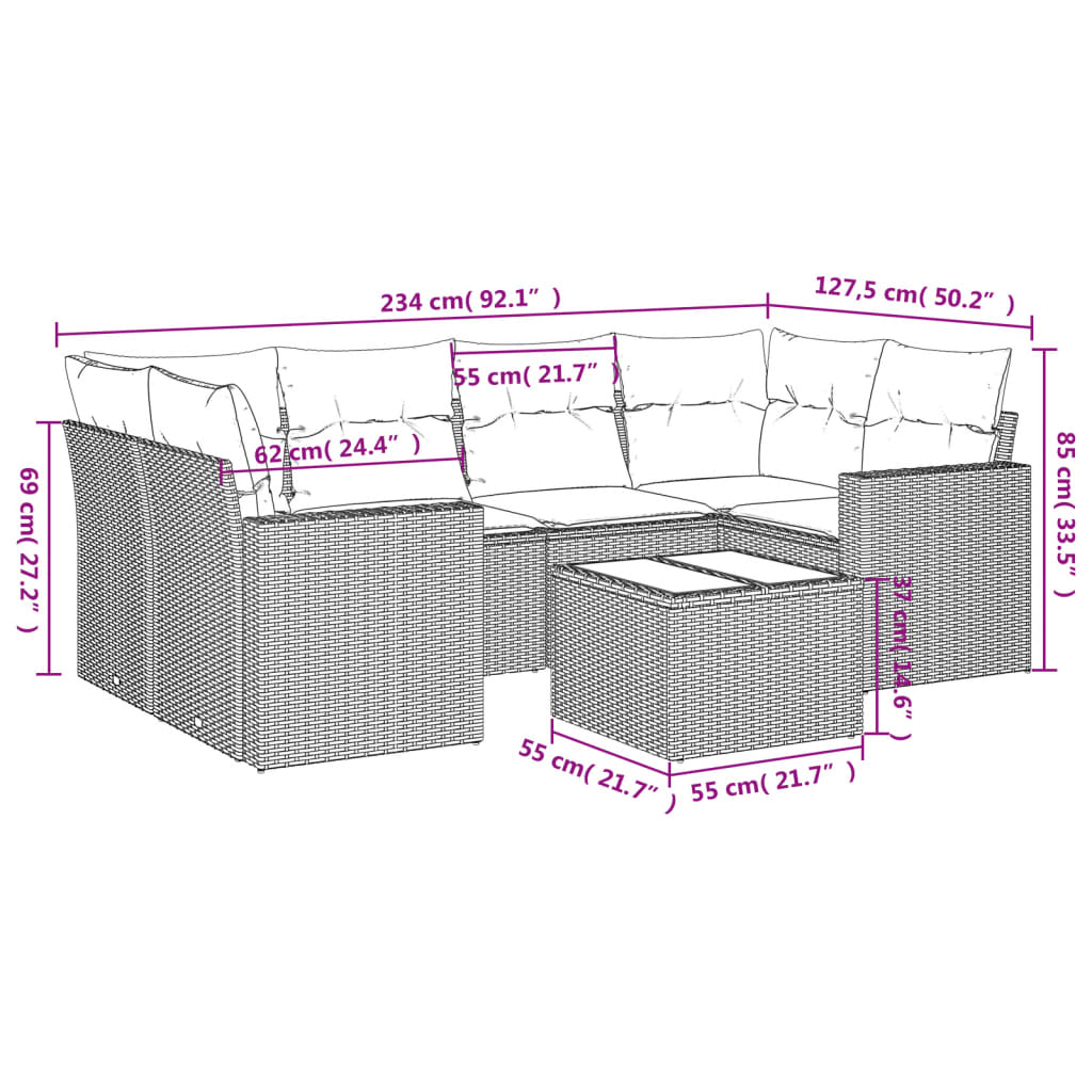 vidaXL 7-delige Loungeset met kussens poly rattan bruin