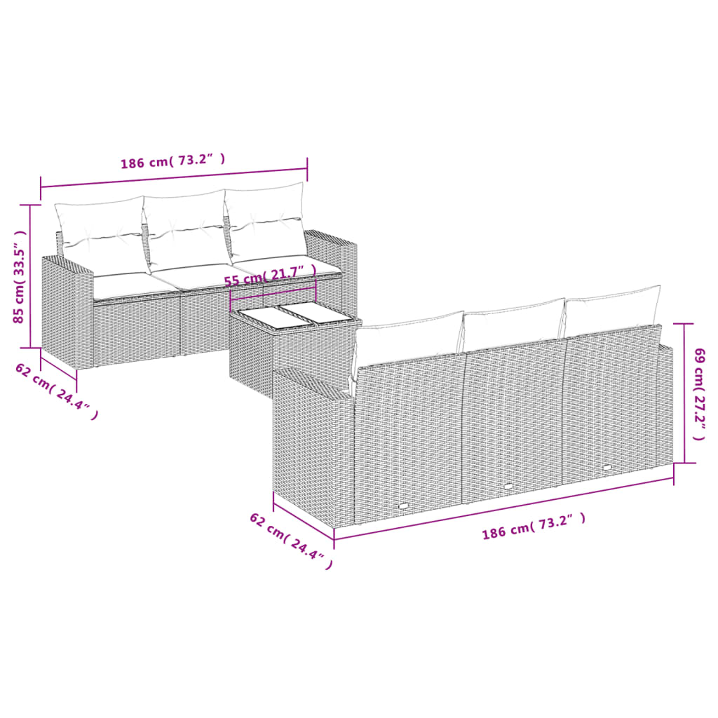 vidaXL 7-delige Loungeset met kussens poly rattan bruin