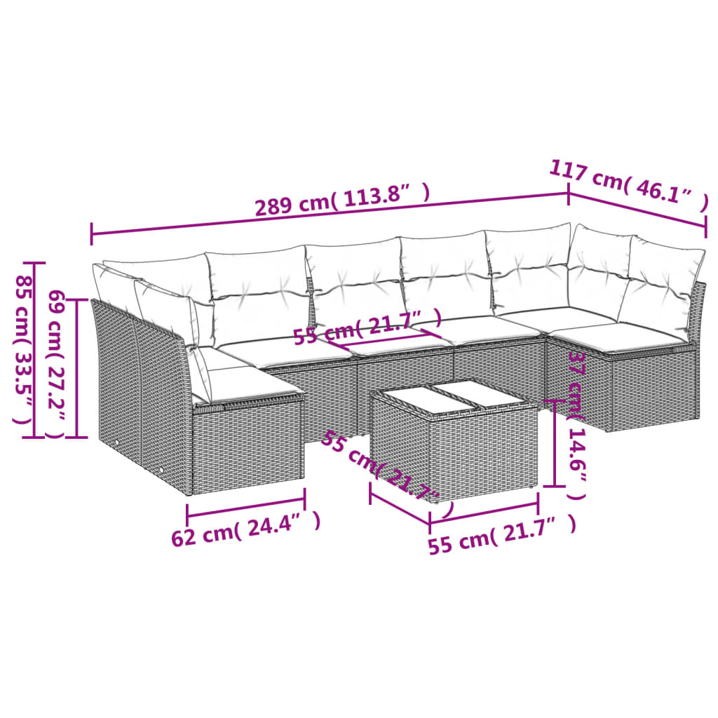 vidaXL 8-delige Loungeset met kussens poly rattan bruin