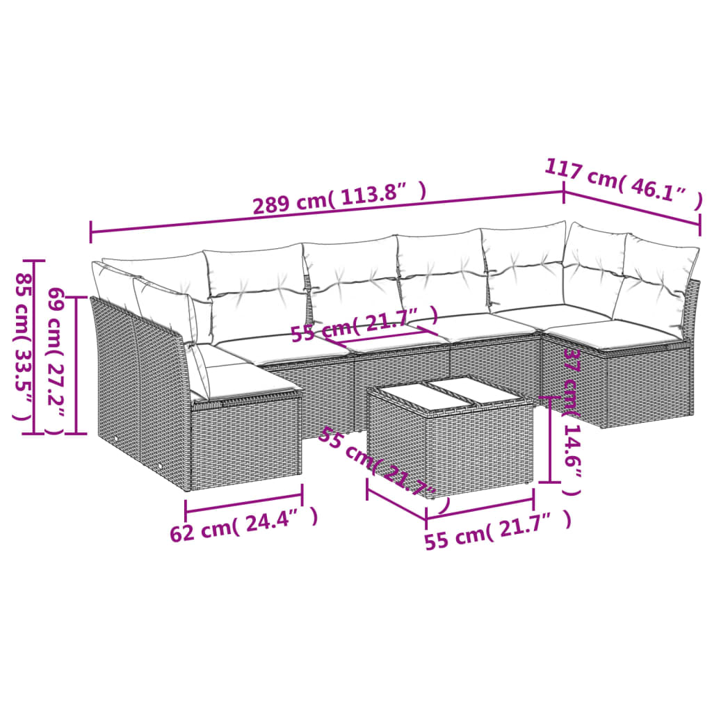 vidaXL 8-delige Loungeset met kussens poly rattan bruin