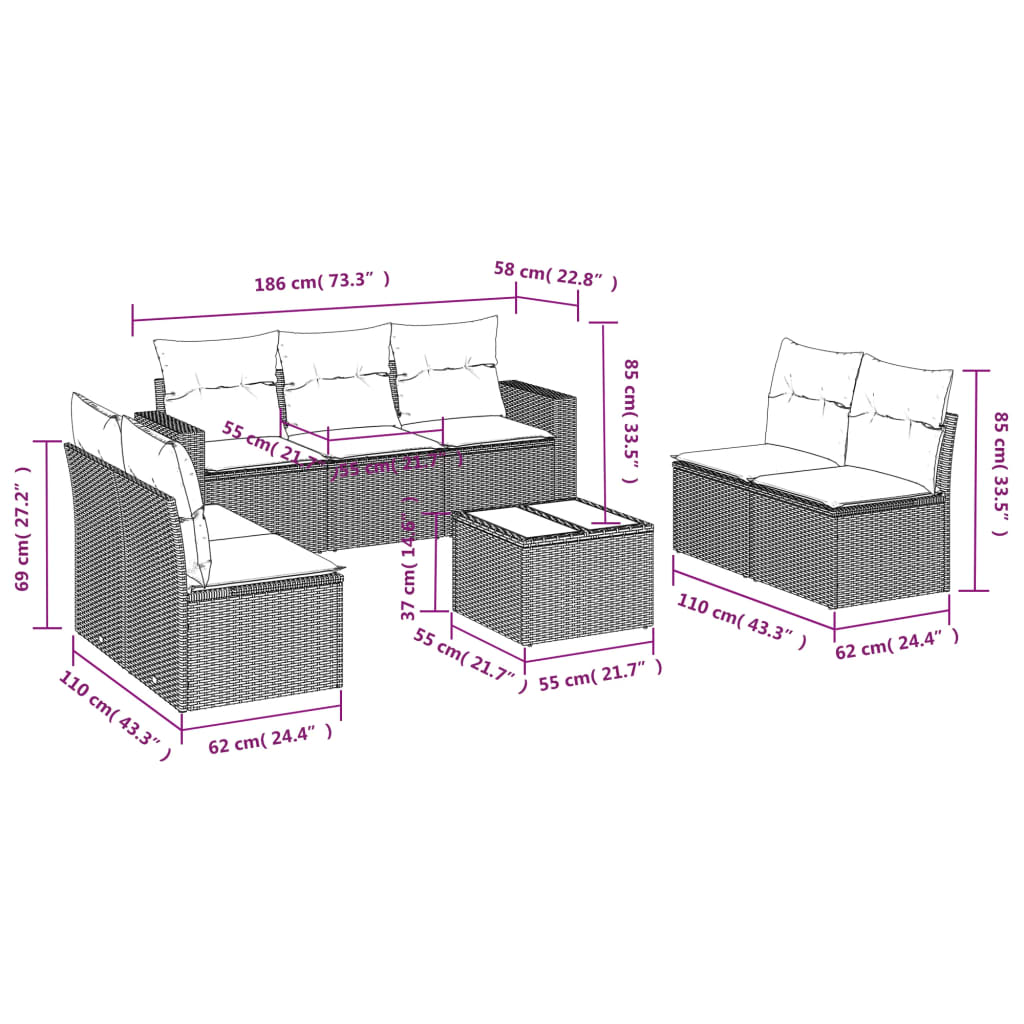 vidaXL 8-delige Loungeset met kussens poly rattan bruin