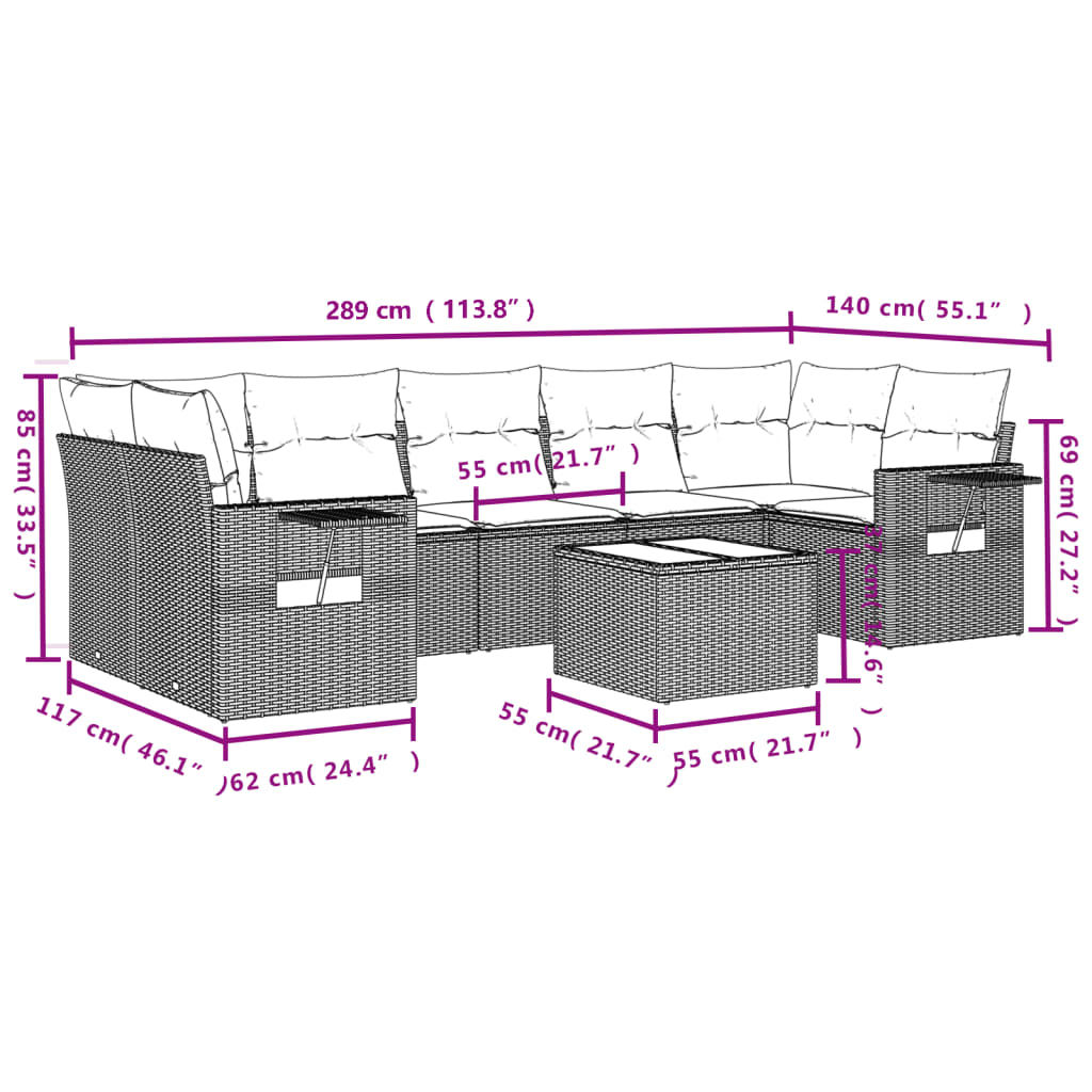 vidaXL 8-delige Loungeset met kussens poly rattan bruin