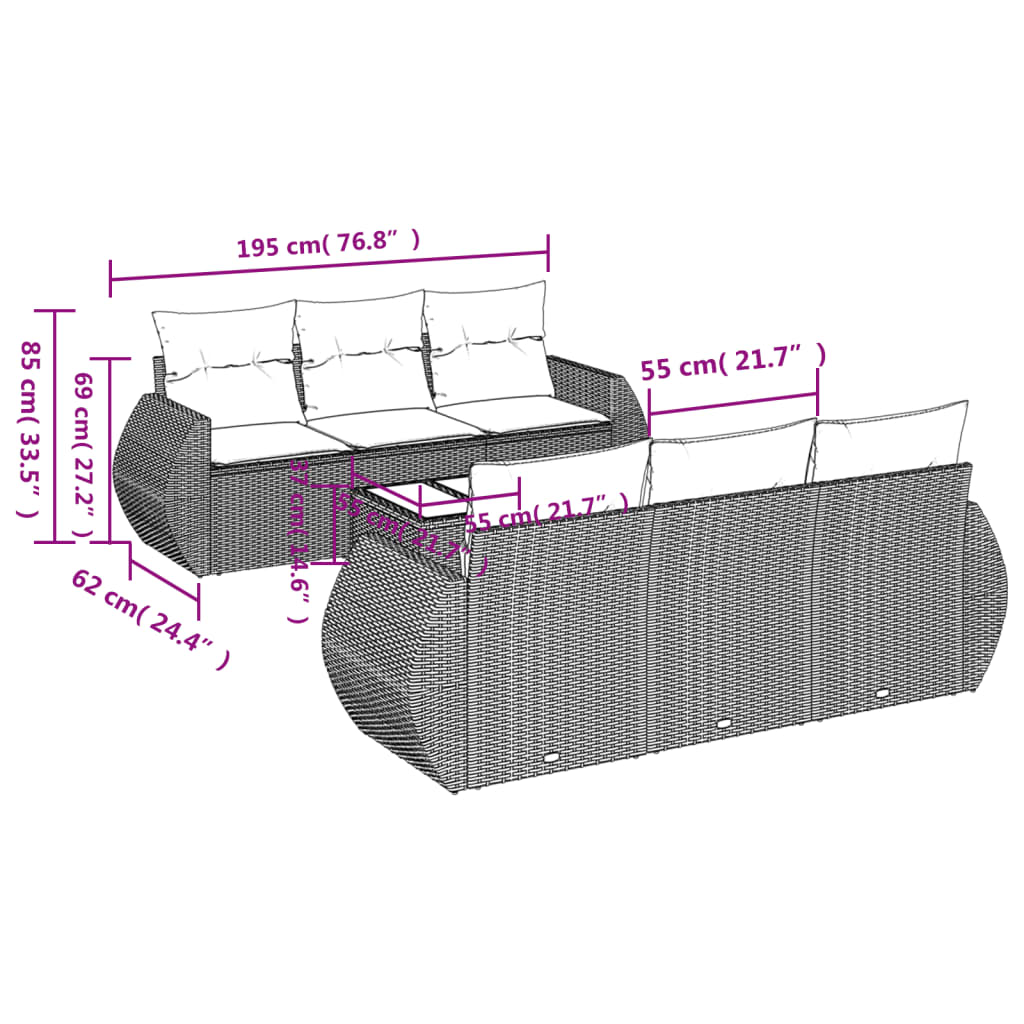 vidaXL 7-delige Loungeset met kussens poly rattan bruin