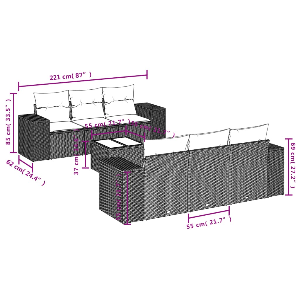 vidaXL 7-delige Loungeset met kussens poly rattan bruin