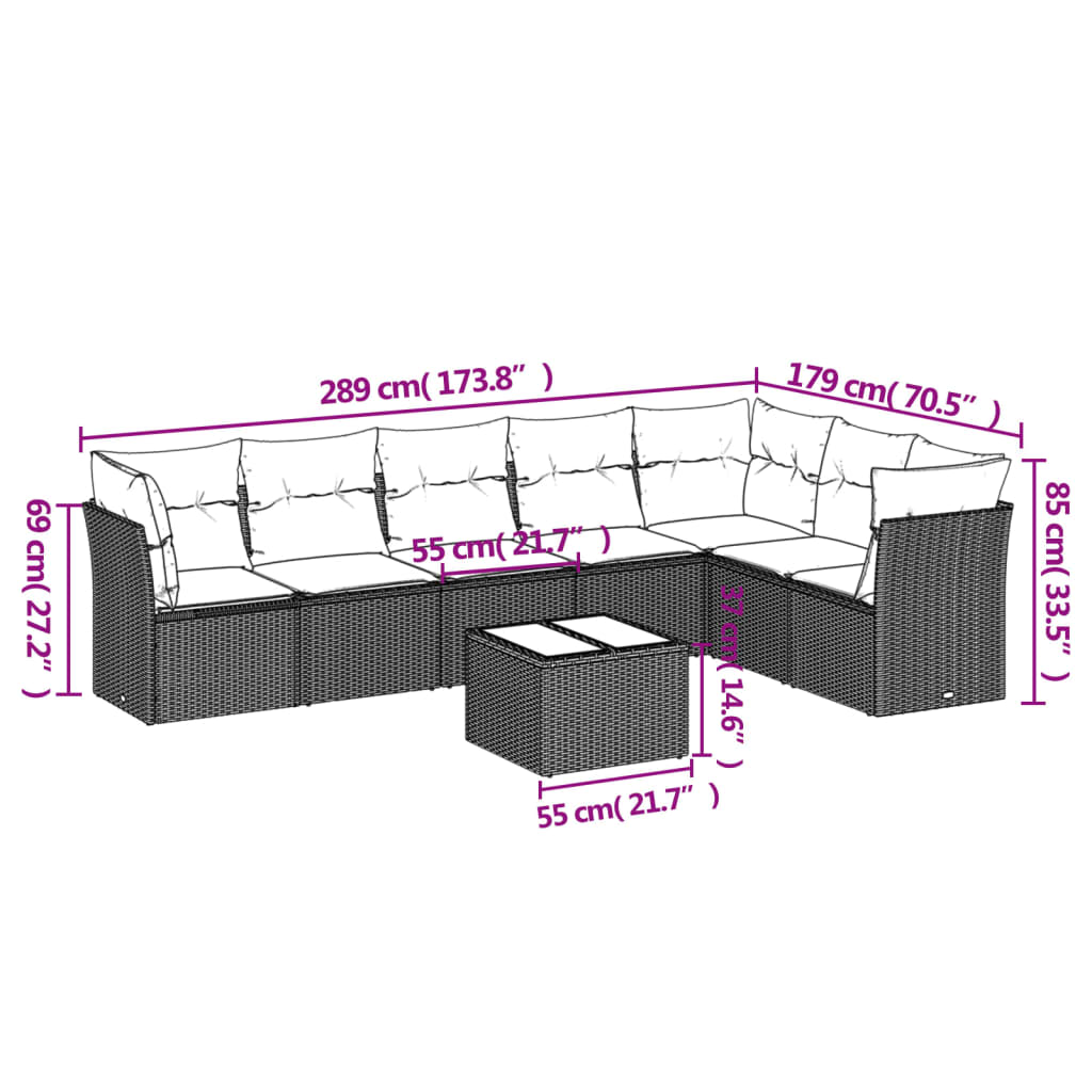 vidaXL 8-delige Loungeset met kussens poly rattan bruin