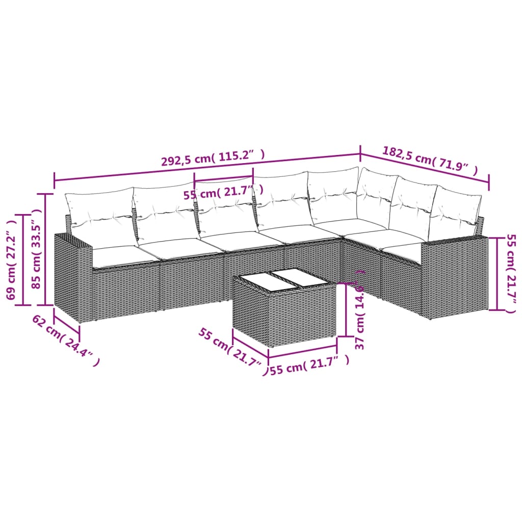 vidaXL 8-delige Loungeset met kussens poly rattan bruin