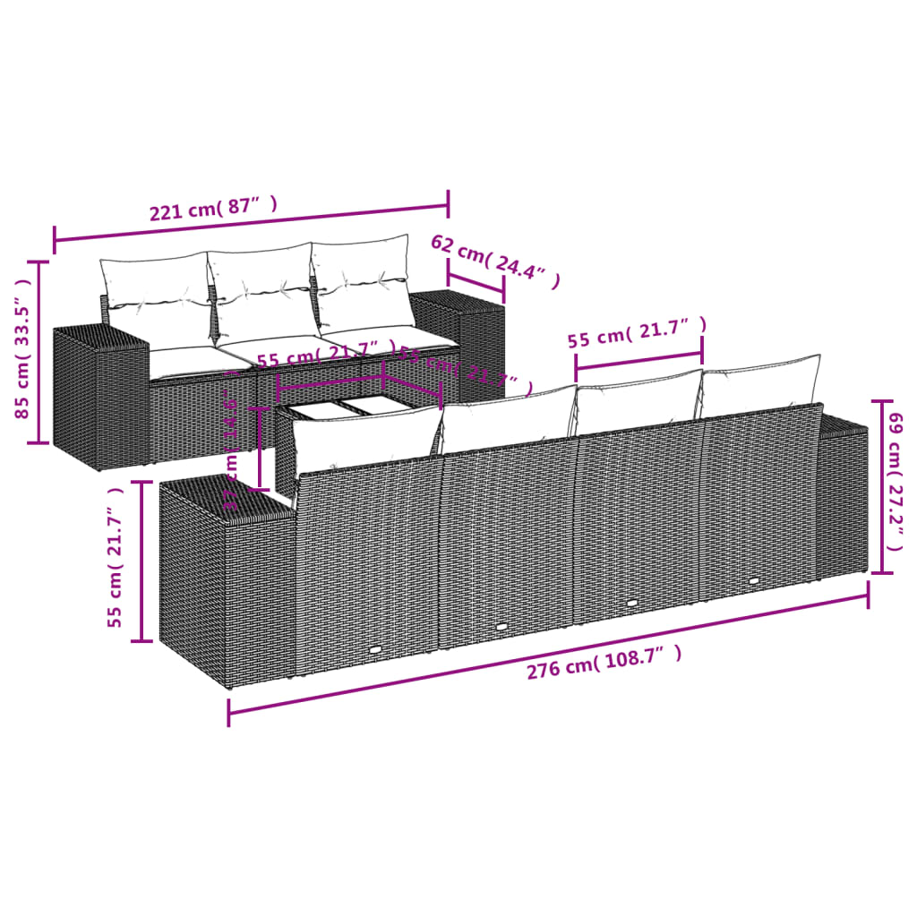 vidaXL 8-delige Loungeset met kussens poly rattan bruin