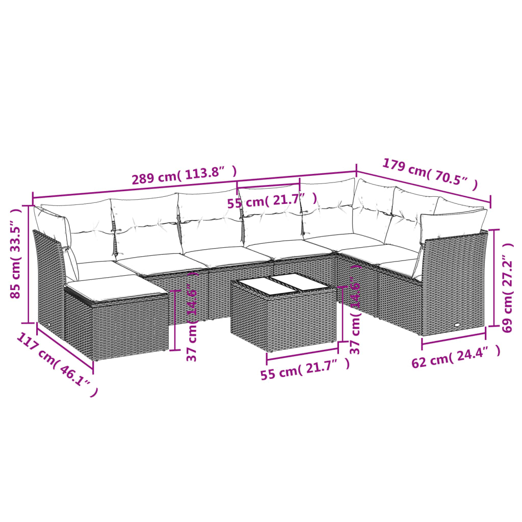 vidaXL 9-delige Loungeset met kussens poly rattan bruin