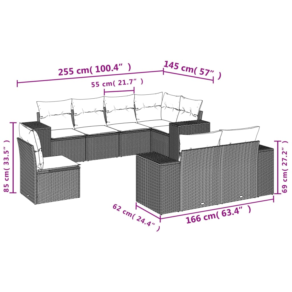 vidaXL 8-delige Loungeset met kussens poly rattan bruin