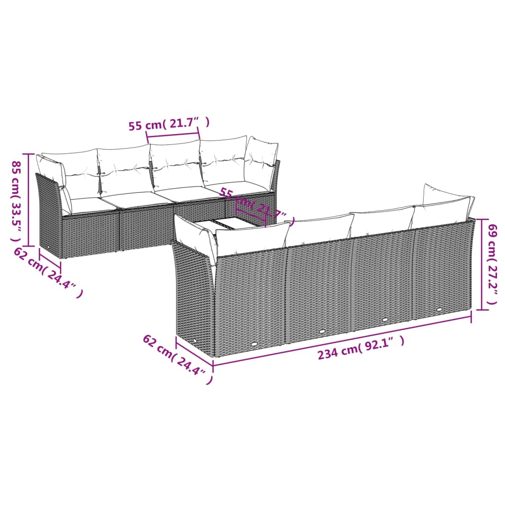 vidaXL 9-delige Loungeset met kussens poly rattan bruin