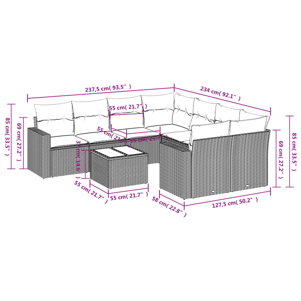 vidaXL 9-delige Loungeset met kussens poly rattan bruin