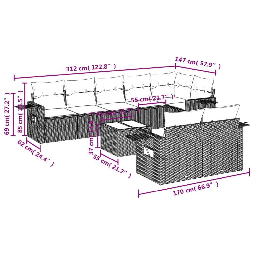 vidaXL 9-delige Loungeset met kussens poly rattan bruin