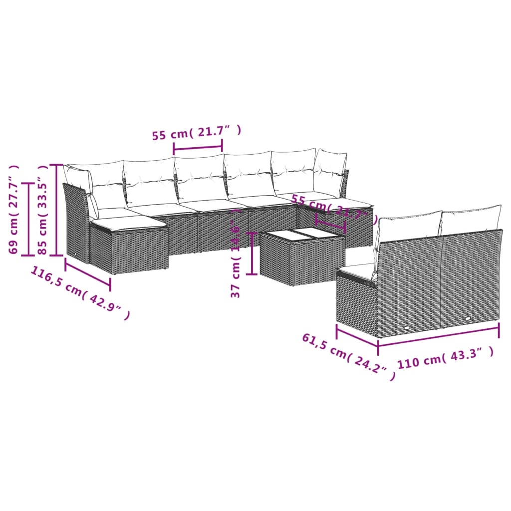 vidaXL 10-delige Loungeset met kussens poly rattan bruin