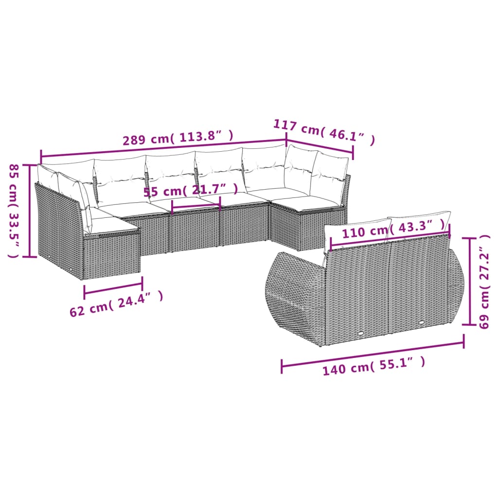 vidaXL 9-delige Loungeset met kussens poly rattan bruin