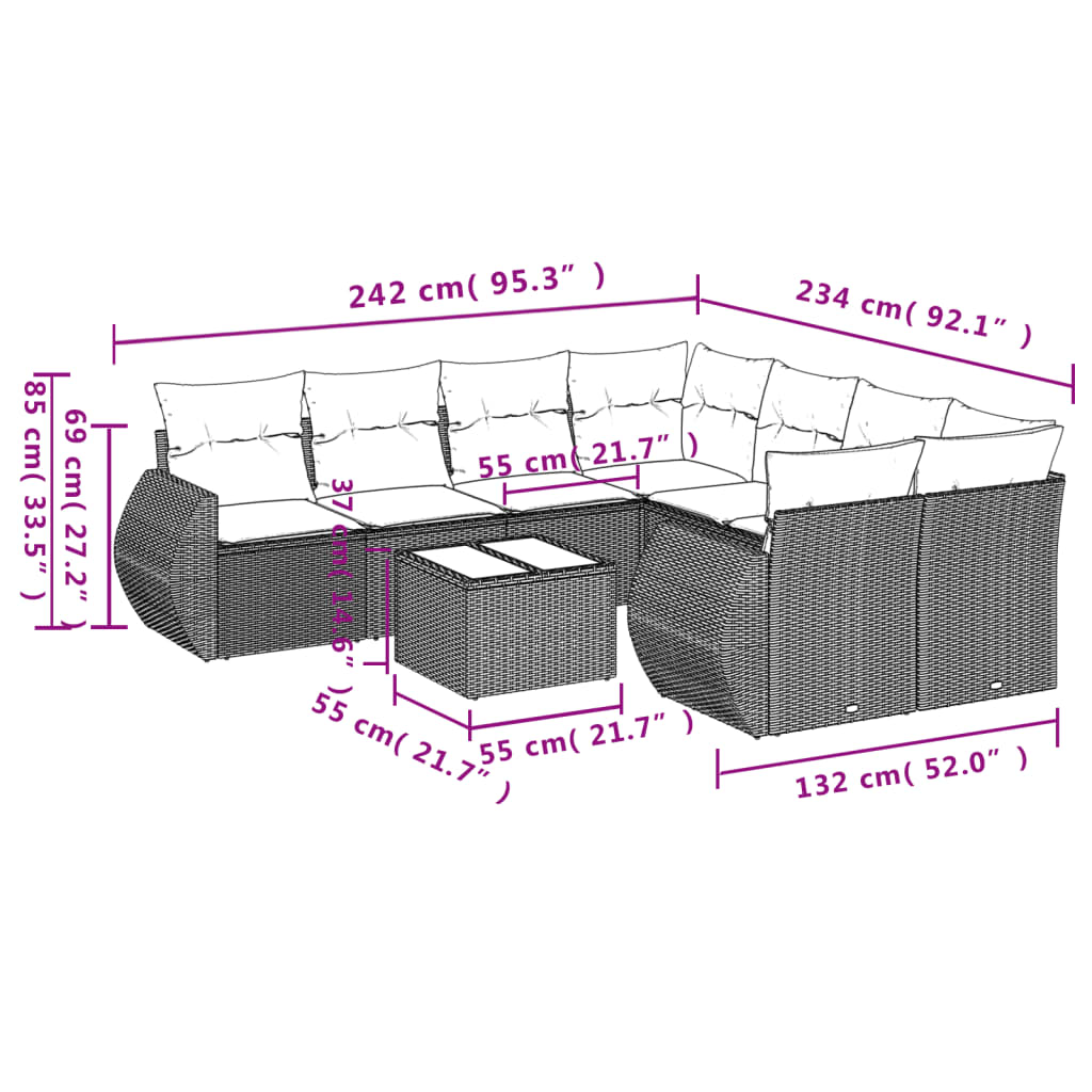 vidaXL 9-delige Loungeset met kussens poly rattan bruin