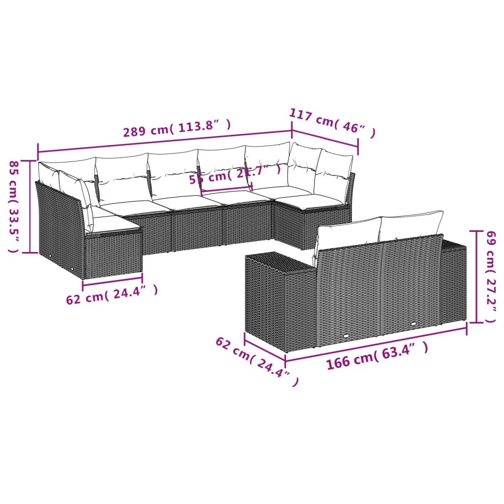 vidaXL 9-delige Loungeset met kussens poly rattan bruin