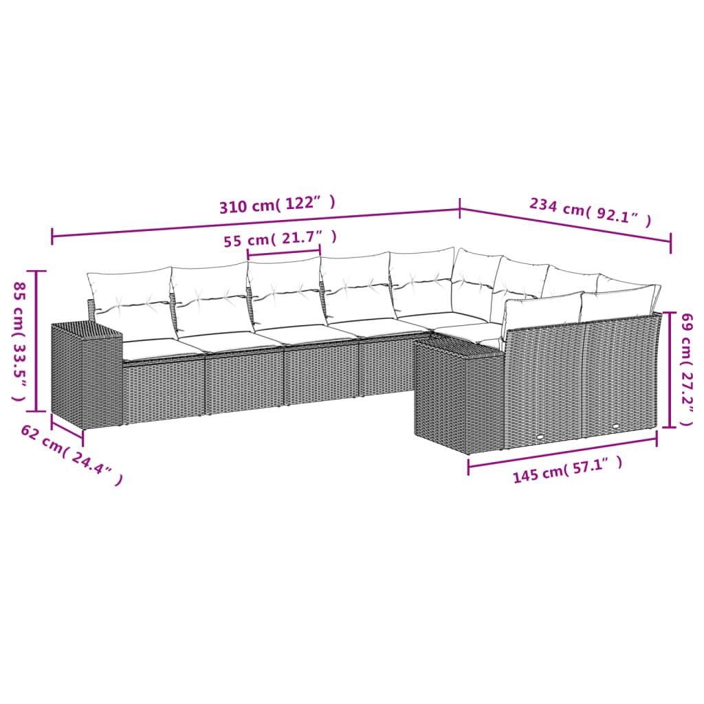 vidaXL 9-delige Loungeset met kussens poly rattan bruin