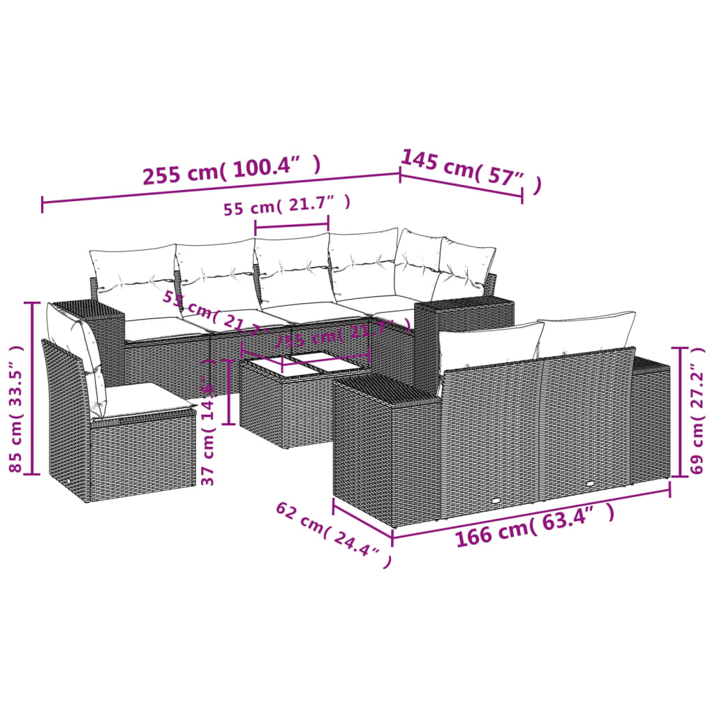 vidaXL 9-delige Loungeset met kussens poly rattan bruin