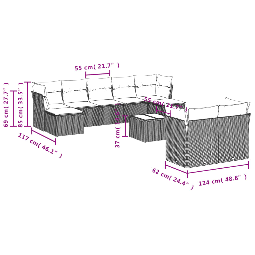 vidaXL 10-delige Loungeset met kussens poly rattan bruin