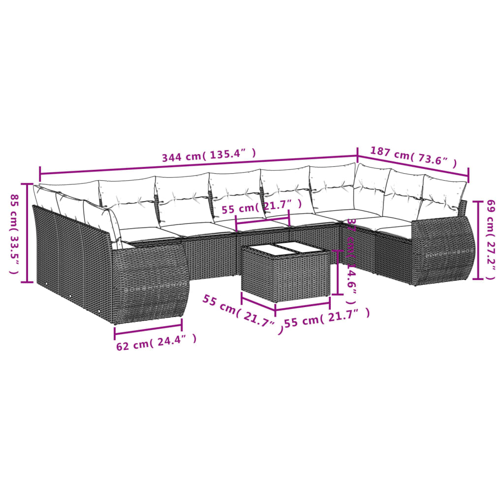 vidaXL 10-delige Loungeset met kussens poly rattan bruin