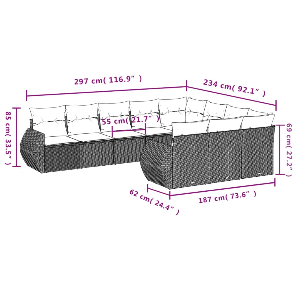 vidaXL 10-delige Loungeset met kussens poly rattan bruin