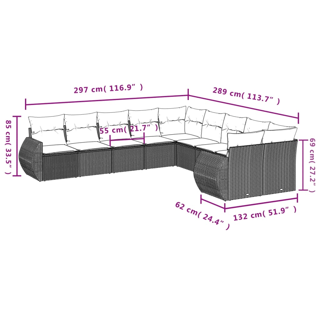 vidaXL 10-delige Loungeset met kussens poly rattan bruin