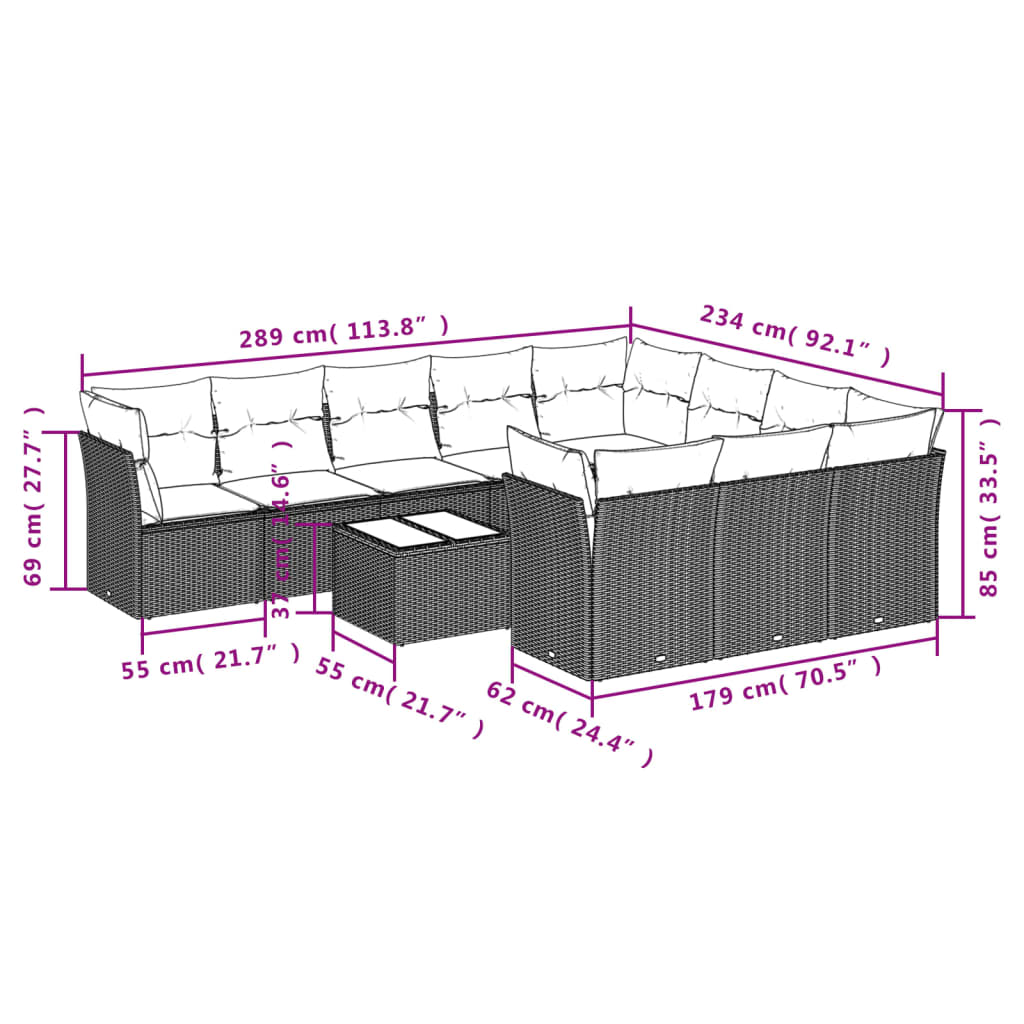 vidaXL 11-delige Loungeset met kussens poly rattan bruin