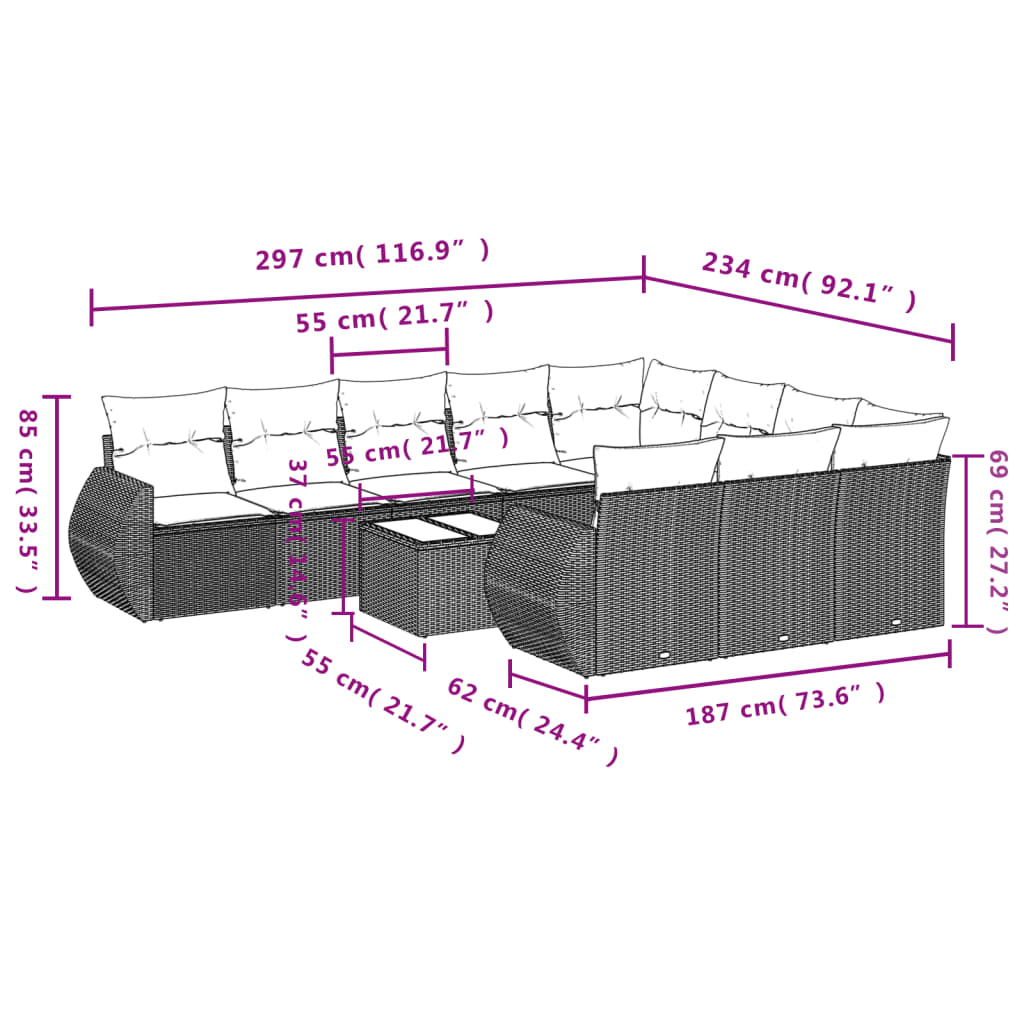 vidaXL 11-delige Loungeset met kussens poly rattan bruin