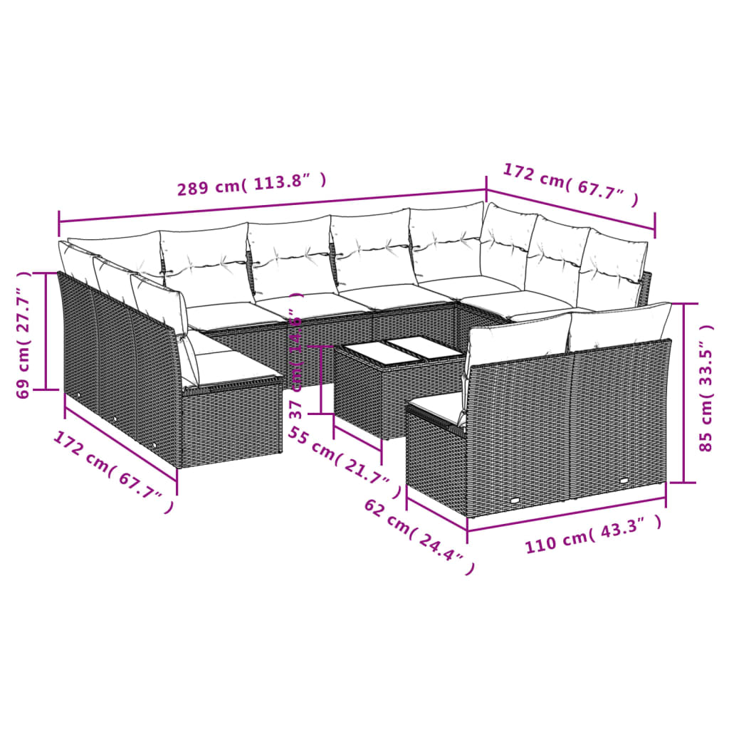 vidaXL 12-delige Loungeset met kussens poly rattan bruin