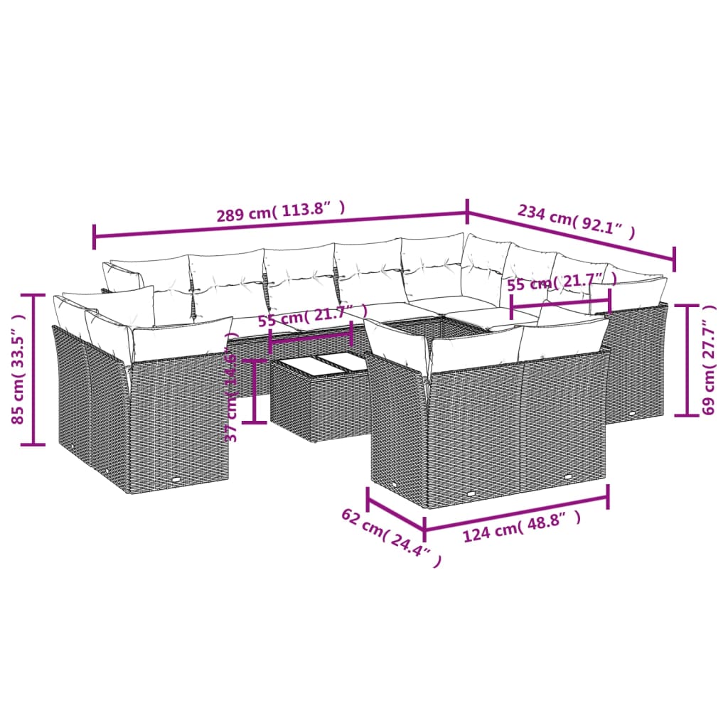 vidaXL 13-delige Loungeset met kussens poly rattan bruin