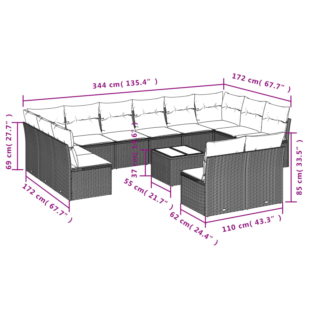 vidaXL 13-delige Loungeset met kussens poly rattan bruin