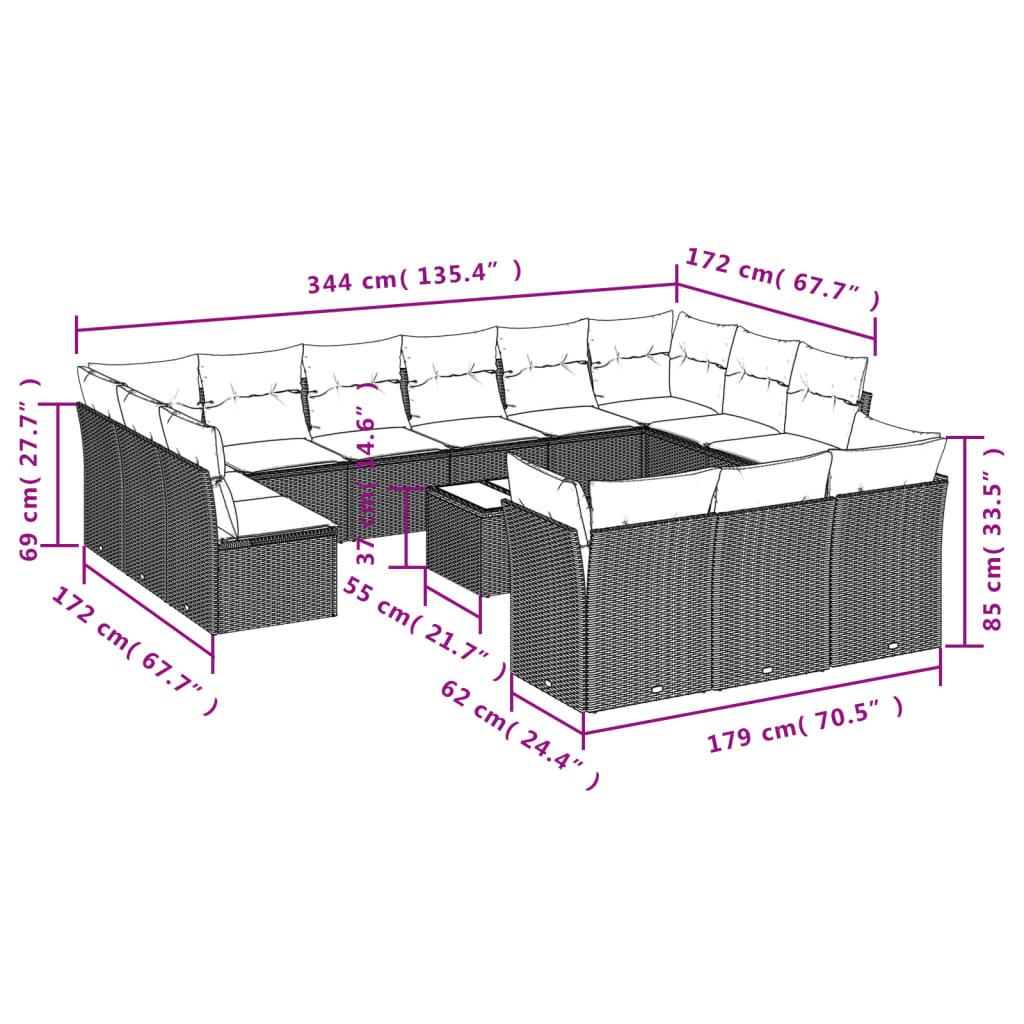 vidaXL 14-delige Loungeset met kussens poly rattan bruin