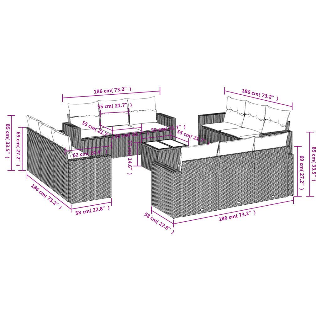 vidaXL 13-delige Loungeset met kussens poly rattan bruin