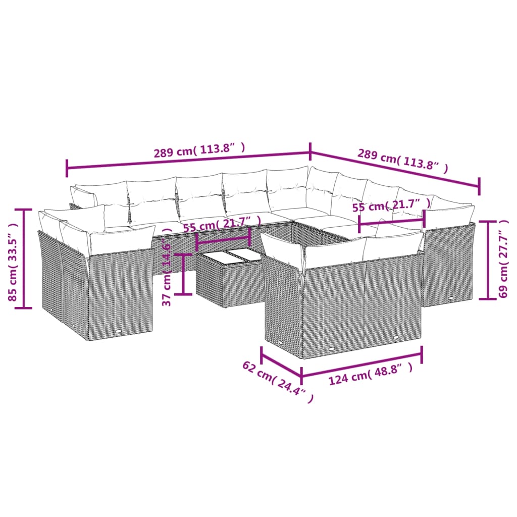 vidaXL 14-delige Loungeset met kussens poly rattan bruin