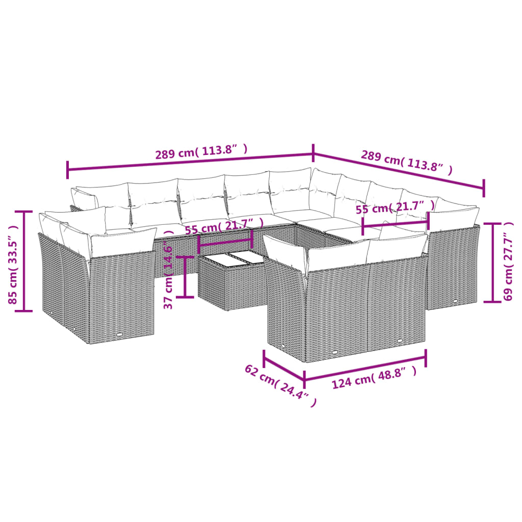 vidaXL 14-delige Loungeset met kussens poly rattan bruin