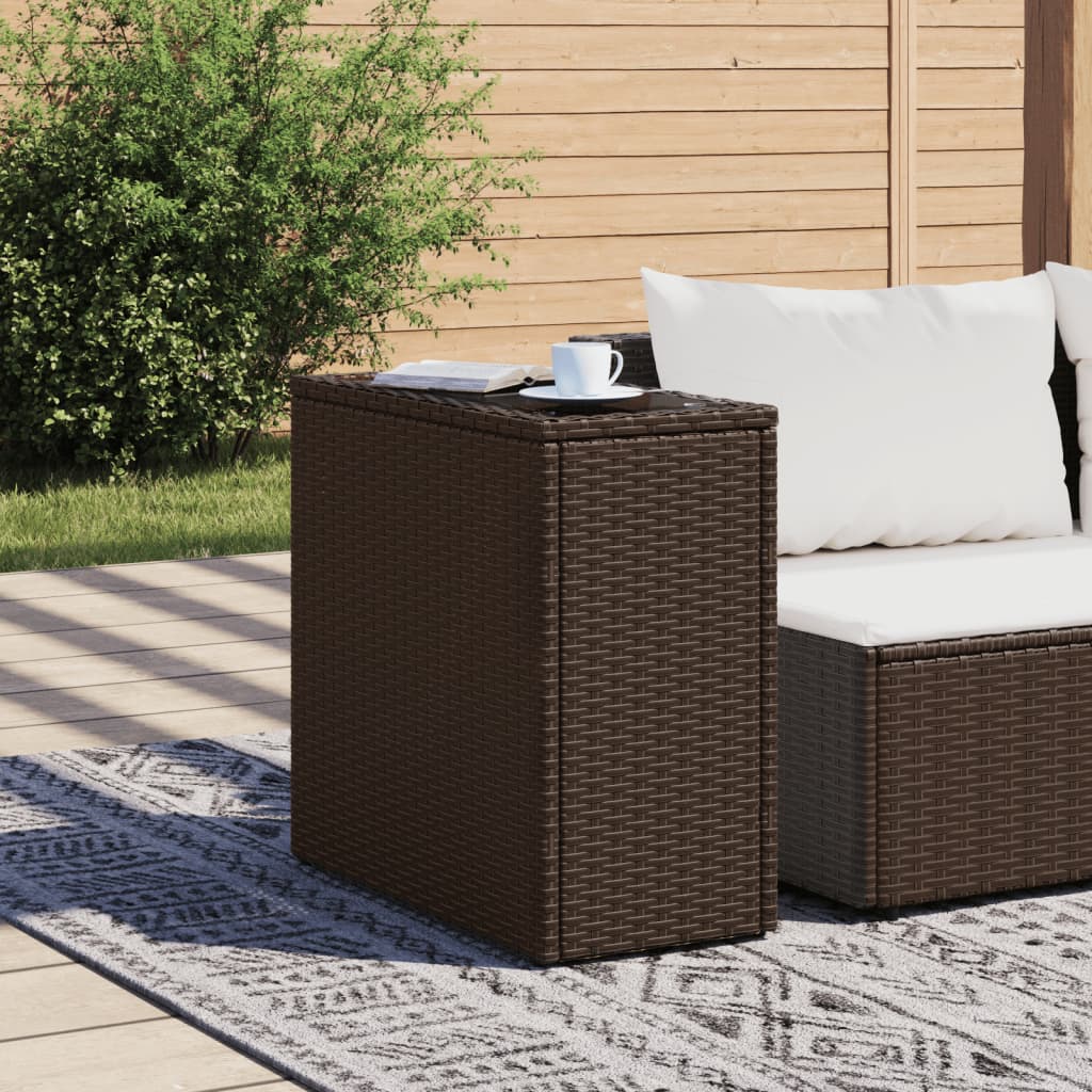 vidaXL Tuinbijzettafel met glazen blad 58x27,5x55 cm poly rattan bruin